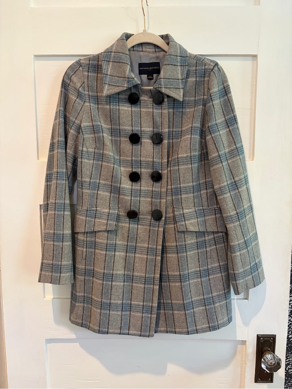 Banana Republic Gray and Blue Plaid Double-Breasted Pea Coat